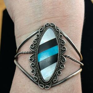 Vintage Navajo Sterling Silver MOP, Black Onyx, Turquoise Cuff